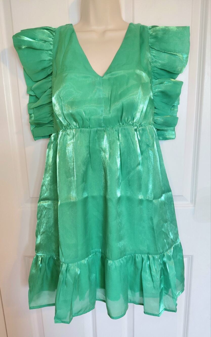 NWT Heyson Kelly Green Iridescent Organza Ruffle Babydoll Fairy Mini Dress Small